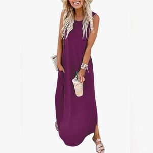 Casual loose maxi dresses for women features crew neck, sleeveless, side split